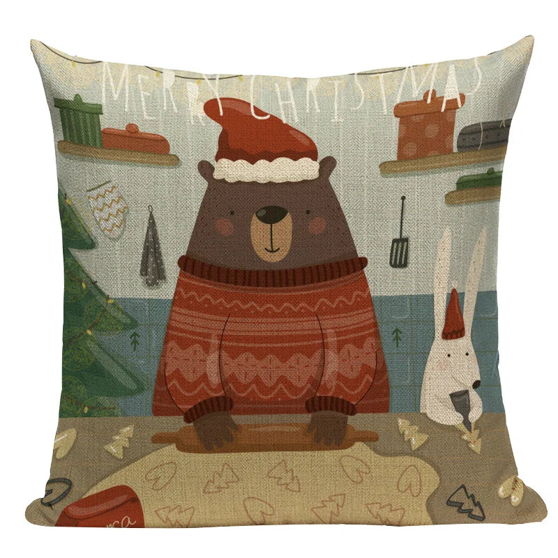 Axyaa Christmas Deer Snowman Cartoon Cushion Cover - Festive Decor Pillowcase