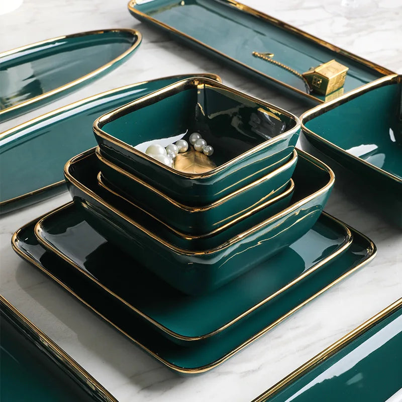 Square Green Ceramic Dinner Plate Gold Porcelain Dessert Bowl Set by Axya