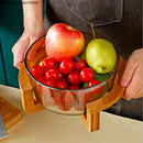 Axya Glass Fruit Plate with Wooden Base - Round Transparent Salad Bowl for Desserts