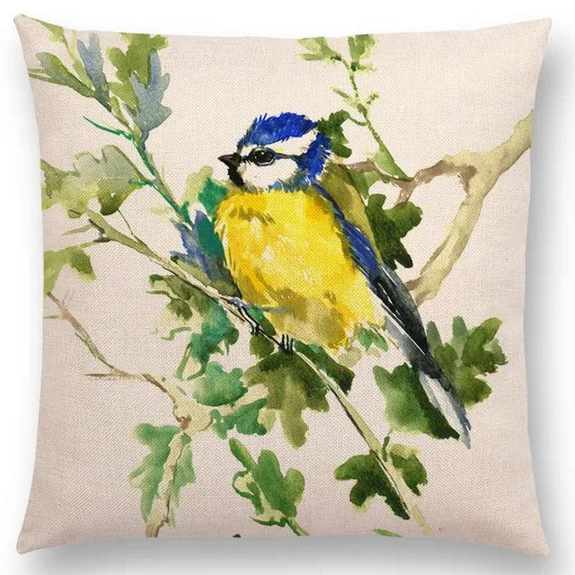 Axyaa Bird Watercolor Cotton Linen Cushion Cover- Hummingbird Goldfinch Chickadee Cardinal Kingfisher