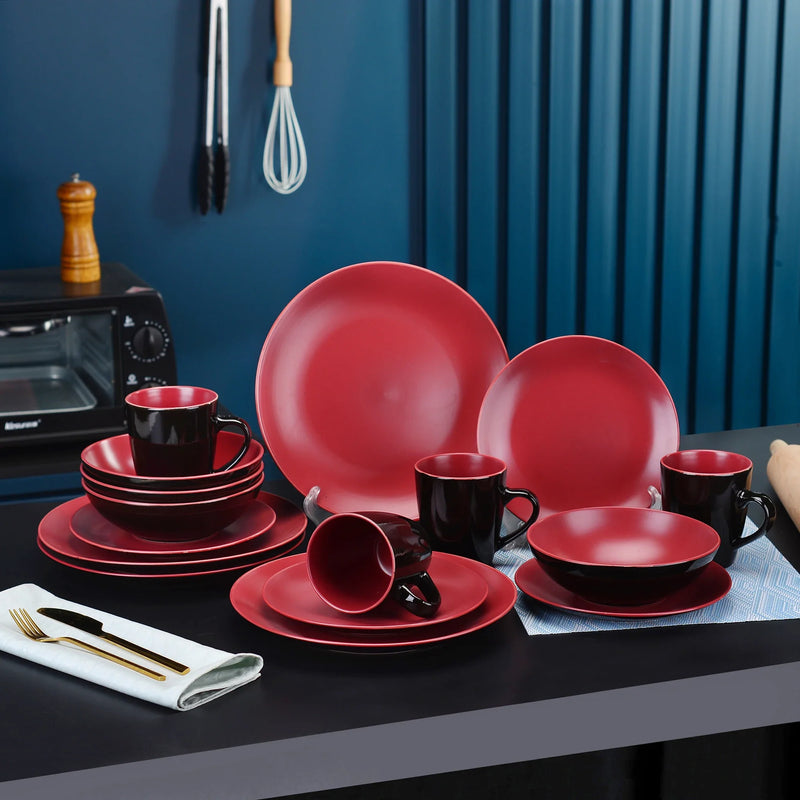 Axya™ Matte Black & Berry Red Stoneware Dinnerware Set - 16/32/48 Pieces