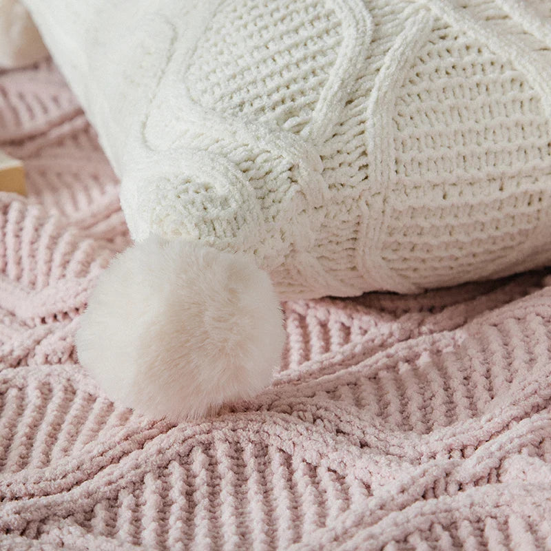 Axyaa Chenille Knit Cushion Cover 45x45cm With PomPom Ball - Pink/Grey/Cream - Home Decor Pillow Case
