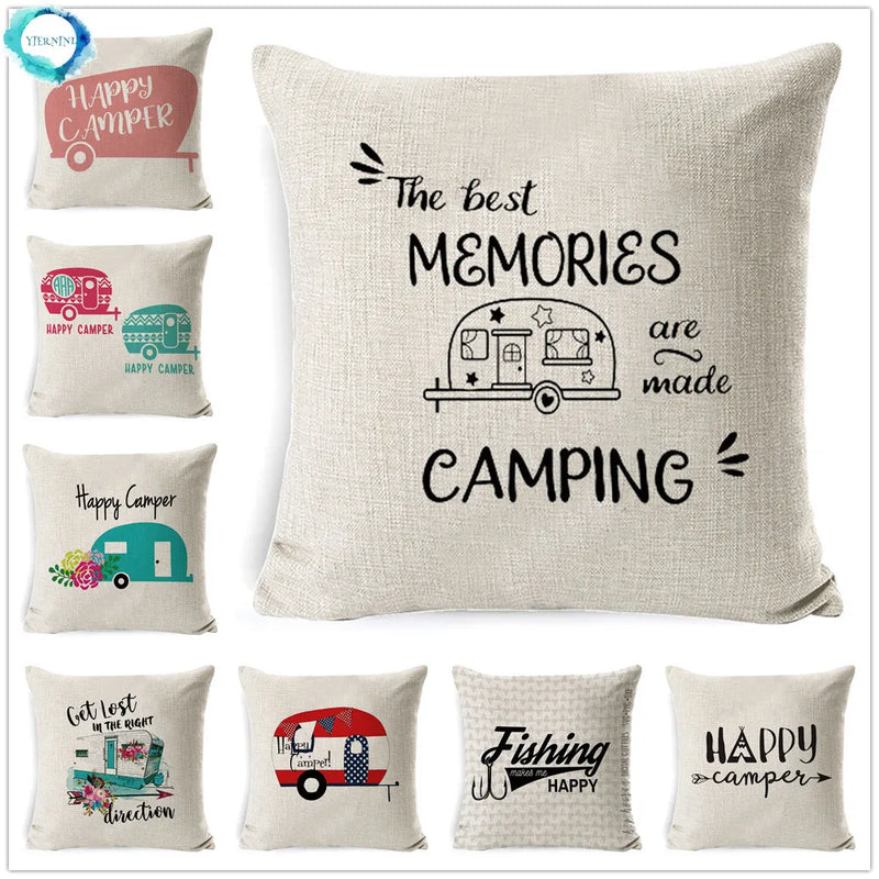 Axyaa Best Memories Happy Camper Cushion Cover - Bedroom Sofa Home Decor