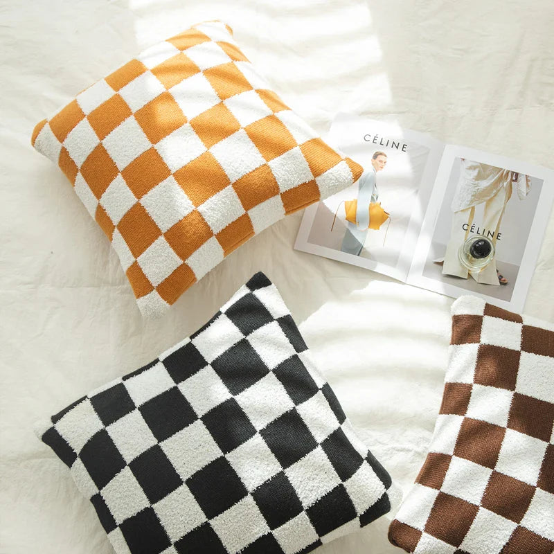 Axyaa Checkered Flocking Cushion Cover for Home Decoration