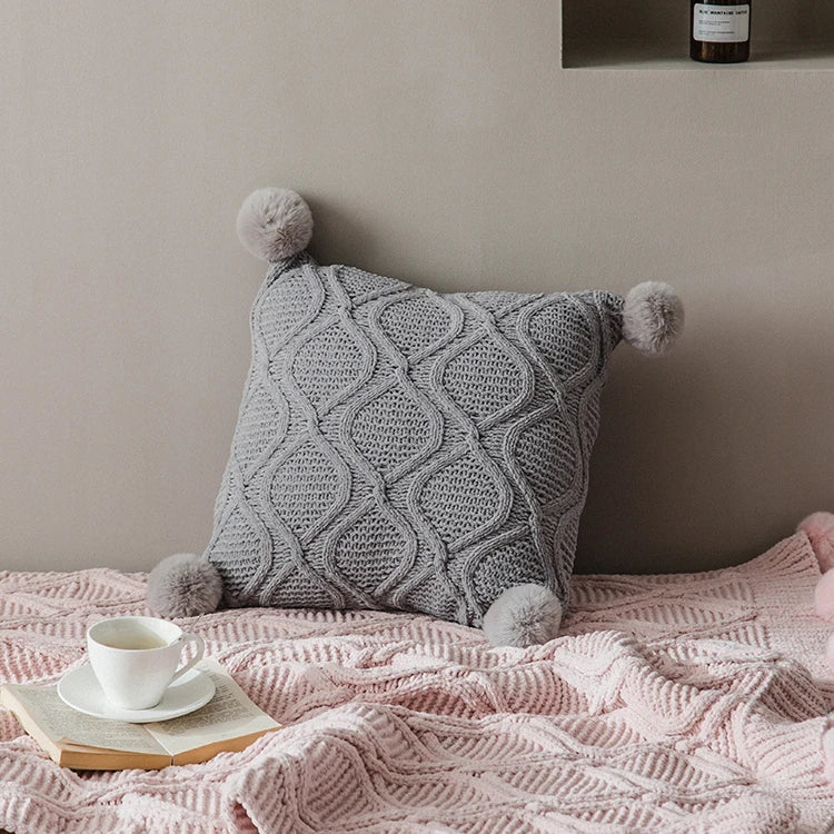 Axyaa Chenille Knit Cushion Cover 45x45cm With PomPom Ball - Pink/Grey/Cream - Home Decor Pillow Case
