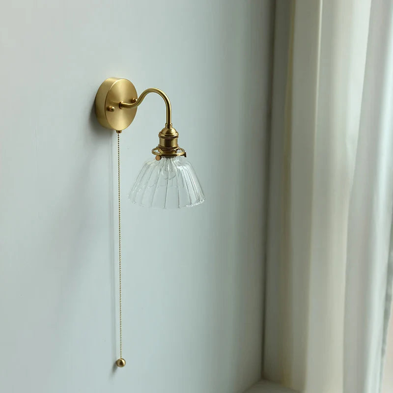 Axyaa Nordic LED Wall Lamp with Pull Chain Switch and Glass Copper Sconce