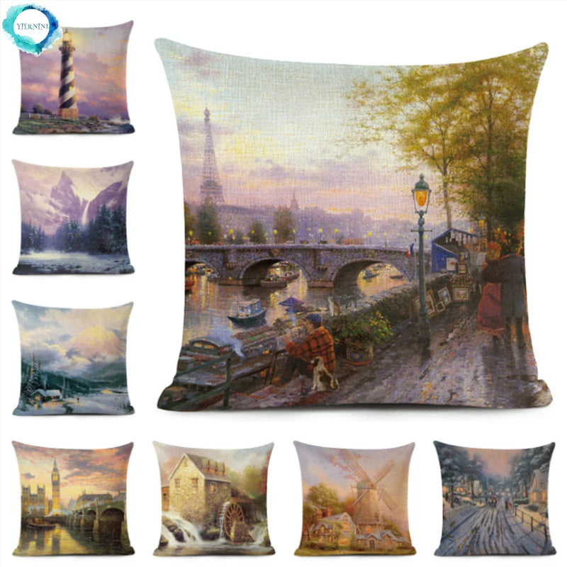 Axyaa City Landscape Oil Painting Cushion Cover | Autumn Winter Art Decor Pillow Case