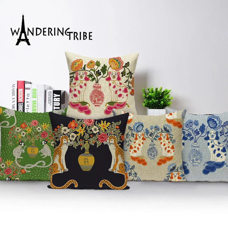 Axyaa Monkey Floral Pillow Cover - Vibrant Flower Vase Home Decor