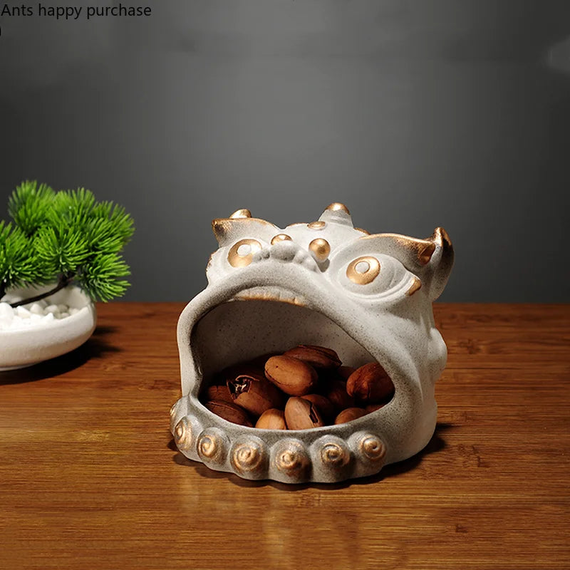 Axya Lion Dance Ceramic Tissue Box & Desktop Organizer Holder Snack Key Dish