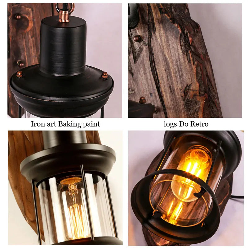 Axyaa Retro Iron Wood Wall Lamp Glass Light for Cafe Restaurant Bar