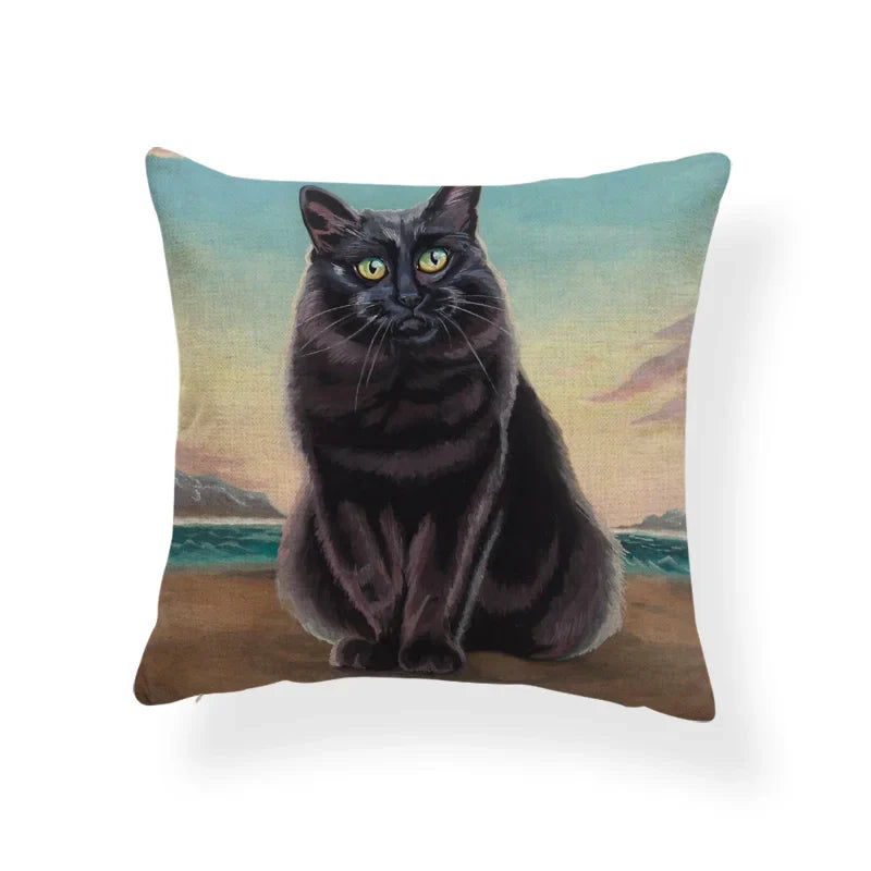 Axyaa Tropical Cat Cushion Cover Moon Blue Cotton Linen Pillow Case