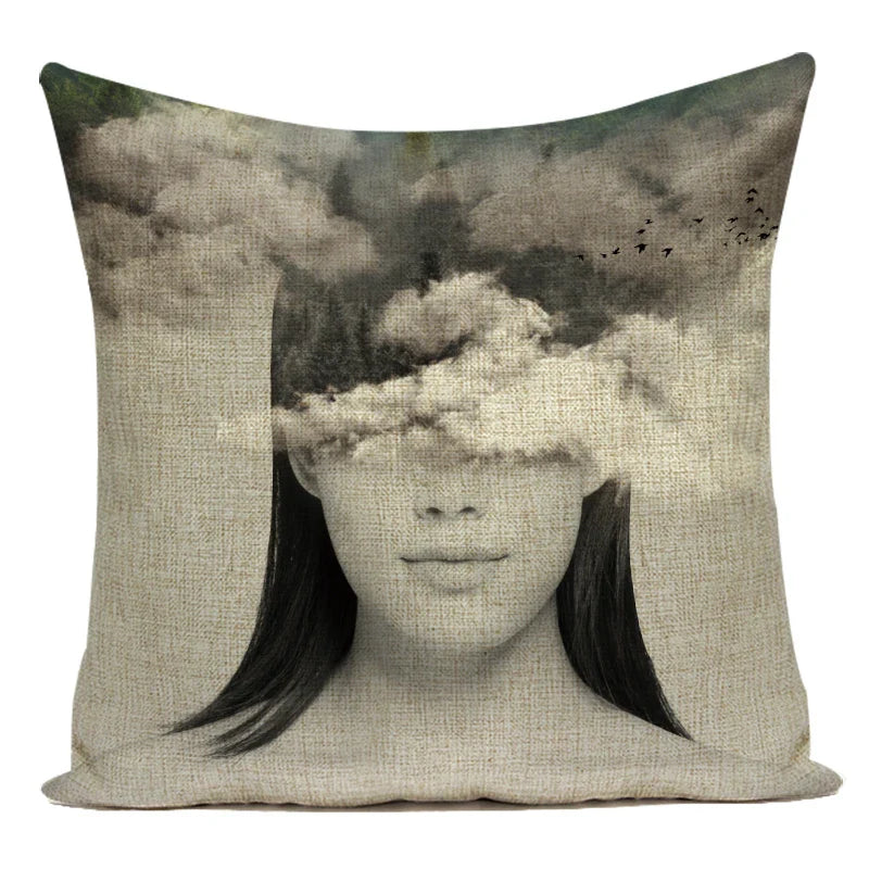 Axyaa Retro Art Woman Abstract Linen Cushion Cover Decorative Throw Pillow