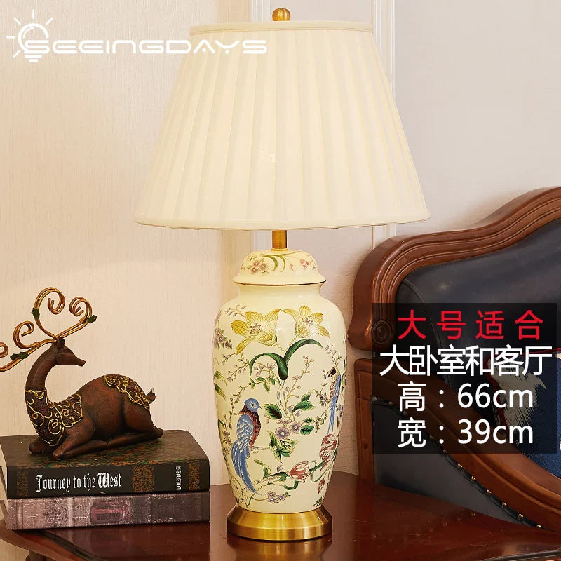 Axyaa Country Flower Bird Ceramic Table Lamp Retro Modern Bedroom Living Room