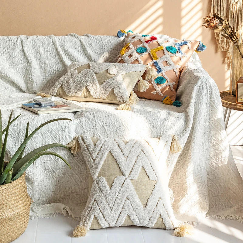 Axyaa Pink Ivory Boho Cushion Cover 45x45cm Handmade Zigzag Design