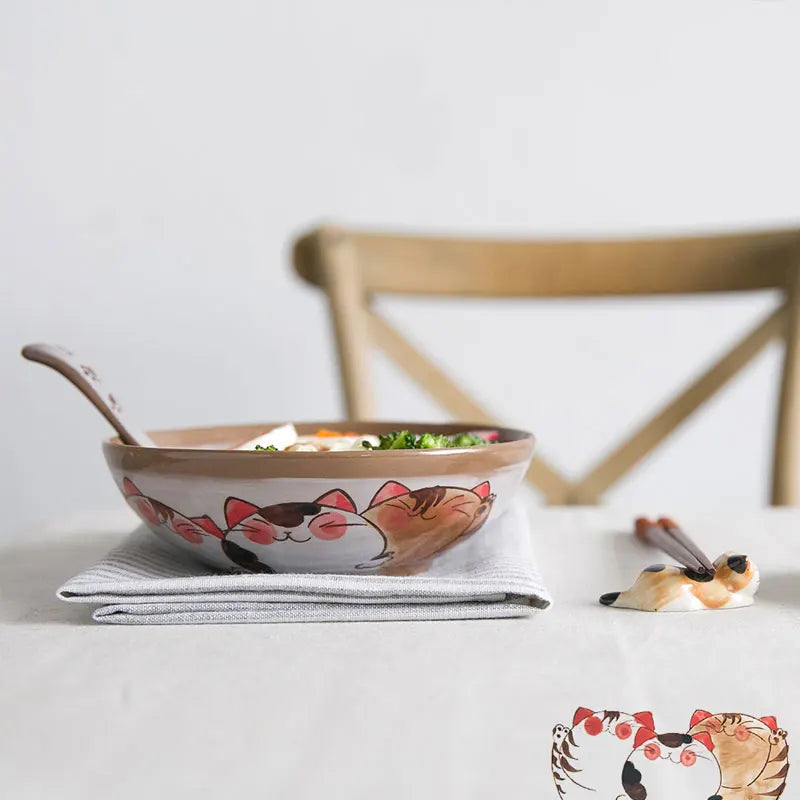 Axya Fortune Cat Ceramic Noodle Bowl Set