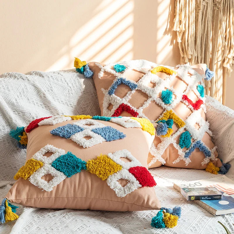 Axyaa Pink Ivory Boho Cushion Cover 45x45cm Handmade Zigzag Design