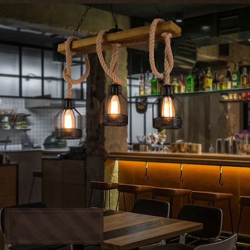 Axyaa Retro Industrial Chandelier Wood Pendant Lamp Iron Hemp Rope Hanging Lamp