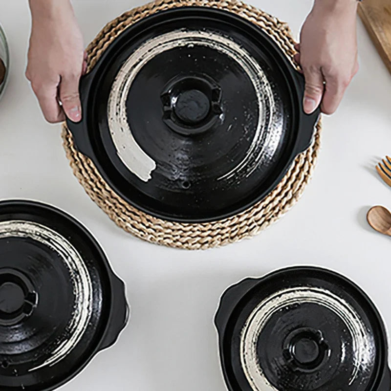 Axya Japanese Style Ceramic Casserole Small Pot Black Clay Saucepan