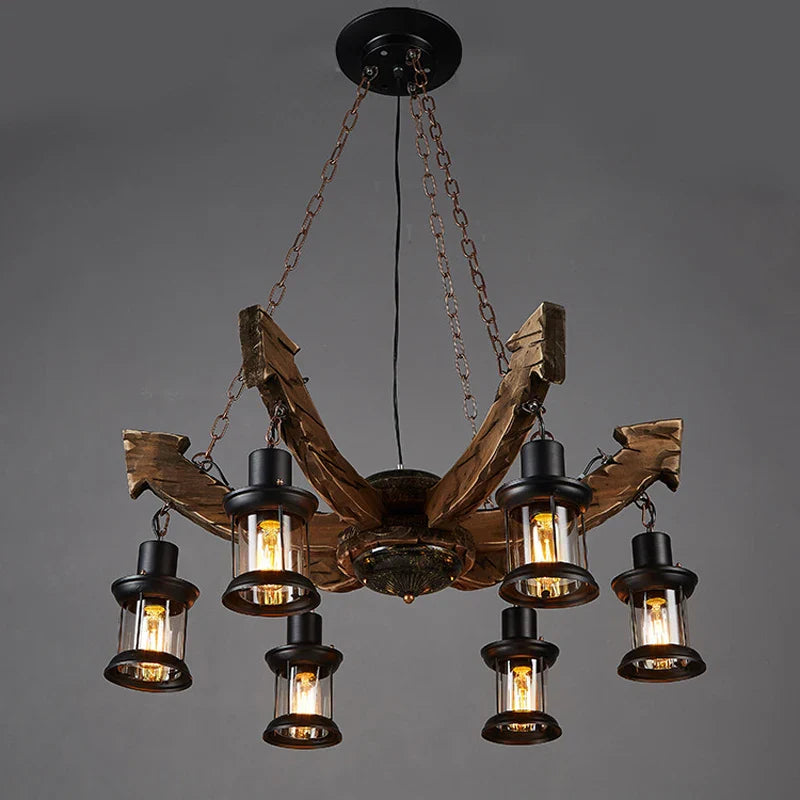 Axyaa Retro Industrial Solid Wood Chandelier for Cafe Restaurant Bar