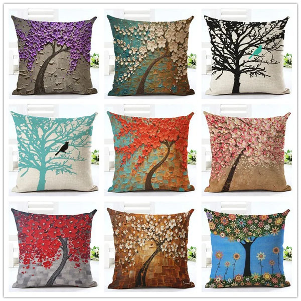 Axyaa Painting Tree Pillow Cover - Digital Printed Linen Pillowcase
