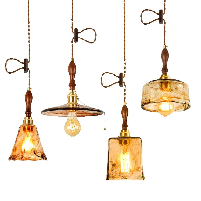 Axyaa Wood Copper Pendant Lights Glass Japanese Style Edison Hanging Lamp