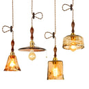 Axyaa Wood Copper Pendant Lights Flush Japanese Style Amber Glass LED Lamp