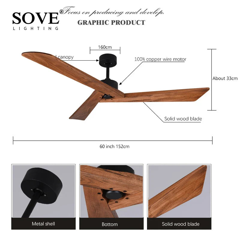 Axya 60 Inch Wood Ceiling Fan Remote Control Living Dining Loft DC Fan 220V