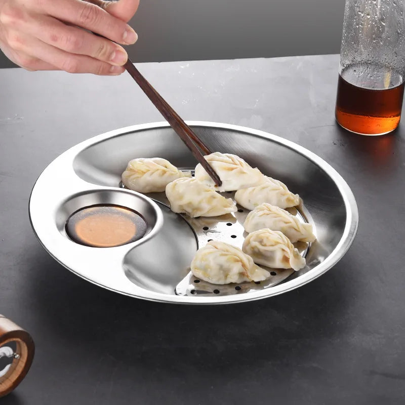 Axyaa Stainless Steel Dumpling Plate with Dipping Saucer and Snack Dish