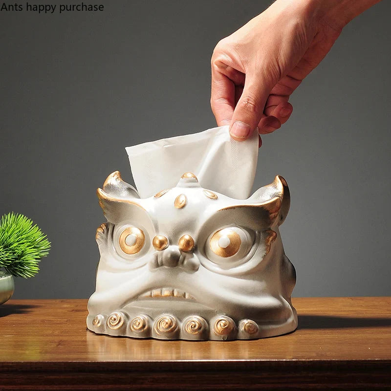 Axya Lion Dance Ceramic Tissue Box & Desktop Organizer Holder Snack Key Dish