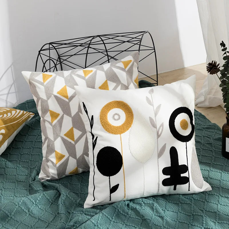 Daisy Floral Geometric Embroidery Pillow Cover 45x45cm Yellow Blue Soft Cozy