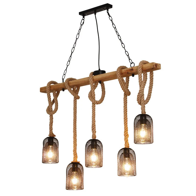 Axyaa Vintage Hemp Rope Wood Ceiling Chandelier Dining Room Pendant Lamp