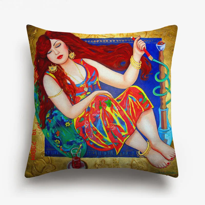 Axyaa Watercolor Turkish Evil Eye Cushion Cover Arabian Girl Portrait Pillow Case