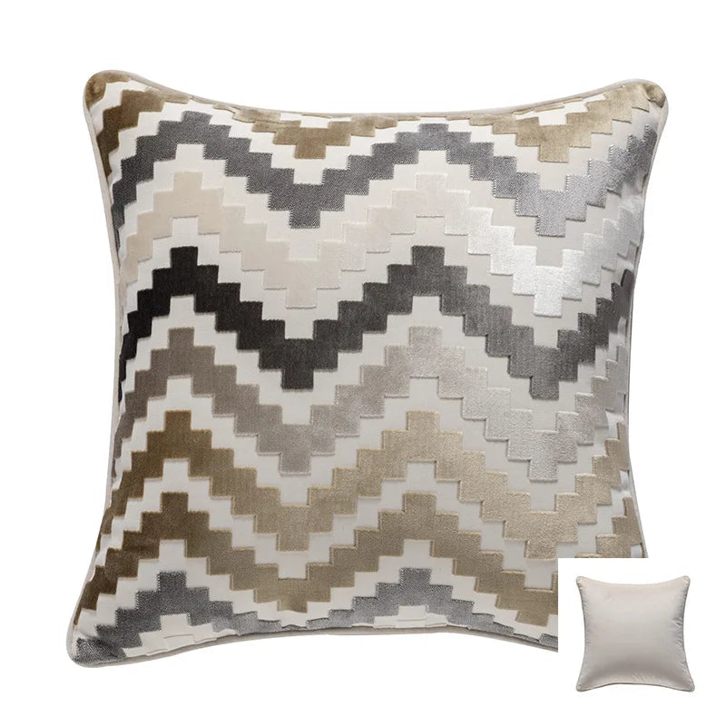 Axyaa Velvet Cushion Cover Zigzag Pattern Soft Pillow Cover in Grey Coffee Blue - 45x45cm/30x50cm/50x50cm
