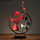 Axya Plum Ceramic Vase with Fake Flowers and Bird Decor, Wrought Iron Ornaments