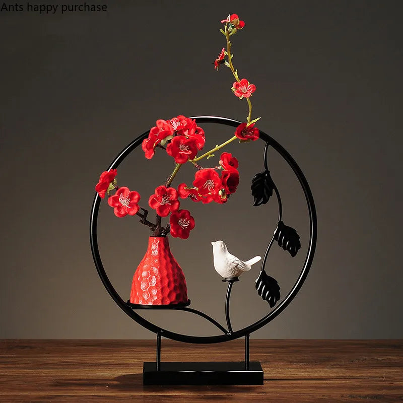 Axya Plum Ceramic Vase with Fake Flowers and Bird Decor, Wrought Iron Ornaments