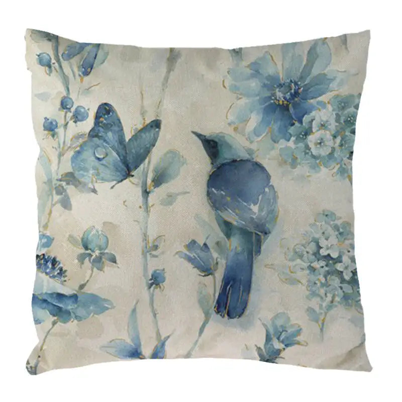 Blue Flowers & Birds Pattern Cushion Cover, Axyaa Home Decor Pillow Case