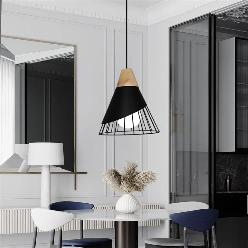 Axyaa Wood Iron Pendant Light: Modern Nordic Black Chandelier for Home Decor