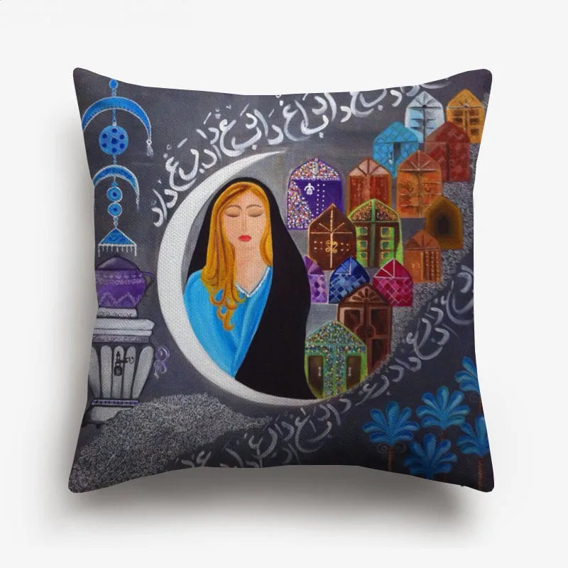 Axyaa Watercolor Turkish Evil Eye Cushion Cover Arabian Girl Portrait Pillow Case
