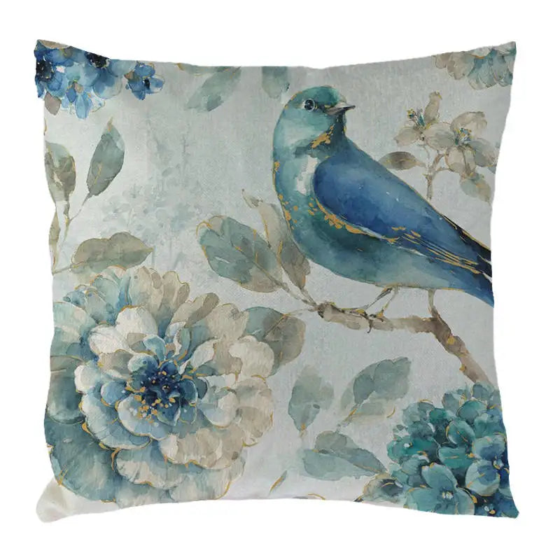Blue Flowers & Birds Pattern Cushion Cover, Axyaa Home Decor Pillow Case