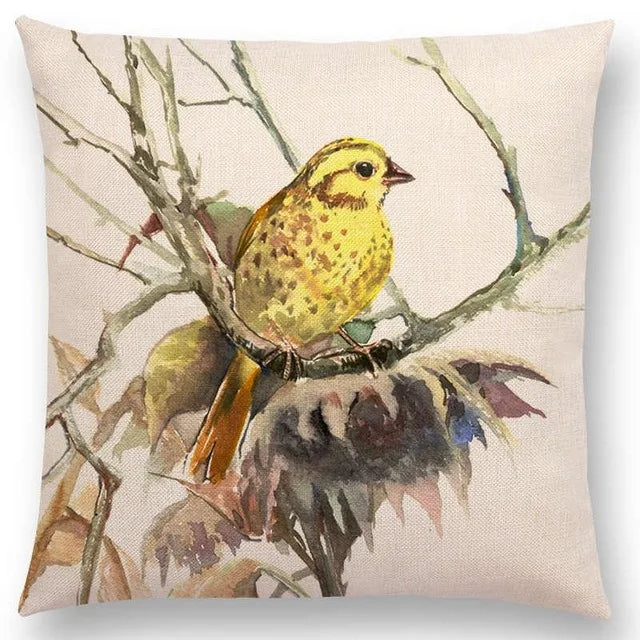 Axyaa Bird Watercolor Cotton Linen Cushion Cover- Hummingbird Goldfinch Chickadee Cardinal Kingfisher