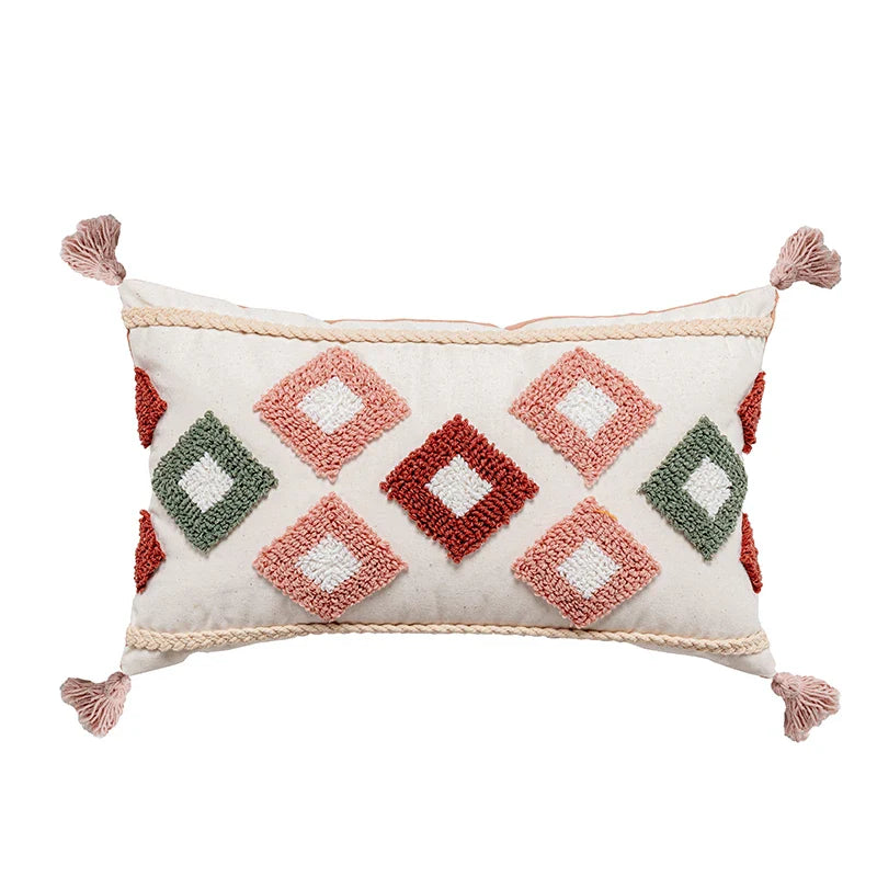 Axyaa Pink Rainbow Tufted Diamond Pillow Cover for Living Room Girls Room