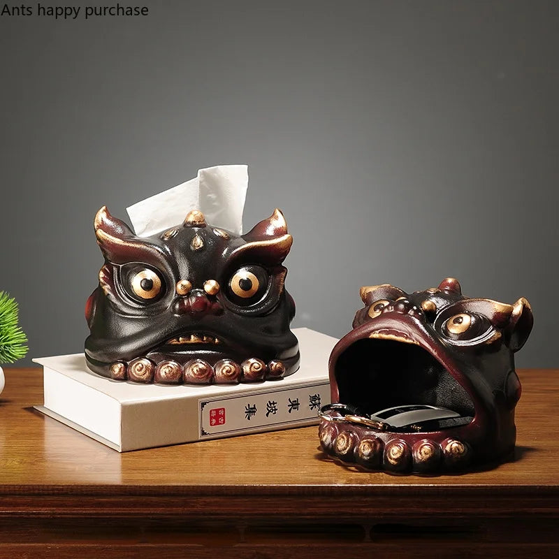 Axya Lion Dance Ceramic Tissue Box & Desktop Organizer Holder Snack Key Dish