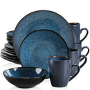 Axyaa Vintage Blue/Brown Stoneware Tableware Set: Plates, Bowls, Cups - 16/32/48 Pieces