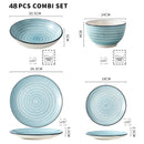 Axya Handpainted Blue Spirals Stoneware Dinner Set: 24/48-Piece with Bowl, Plate - Bonbon