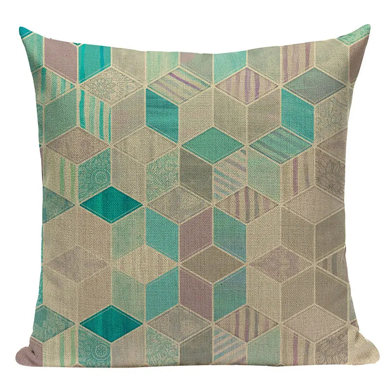 Axyaa Geometric Cushion Cover: Green Pink Diamond Design for Home, Bedroom, and Car
