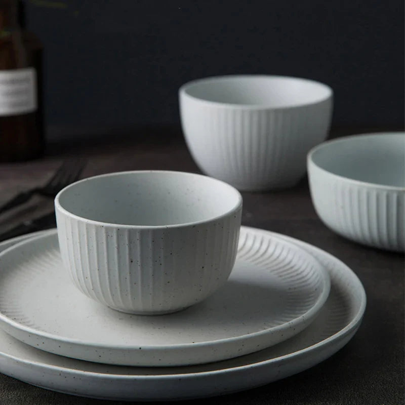 Axya Ceramic Dessert Plate Set: White Dot Design, Restaurant Quality Tableware & Rice Bowl