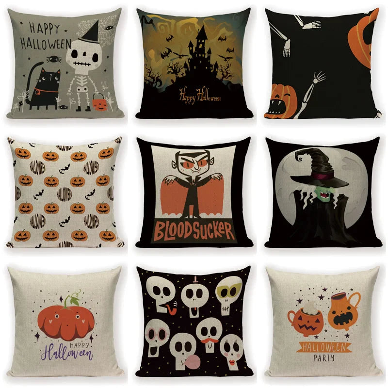 Happy Halloween Pumpkin Print Linen Throw Pillow Cover by Axyaa