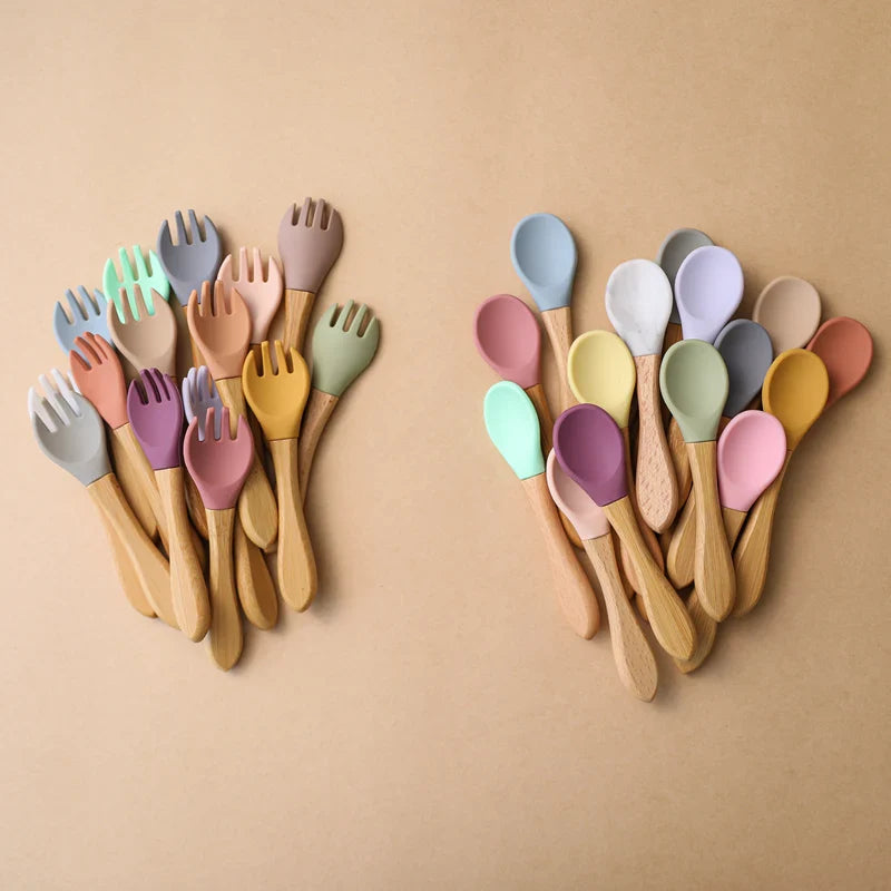 Axya Bamboo Fork Set: Silicone & Wooden Baby Feeding Utensils