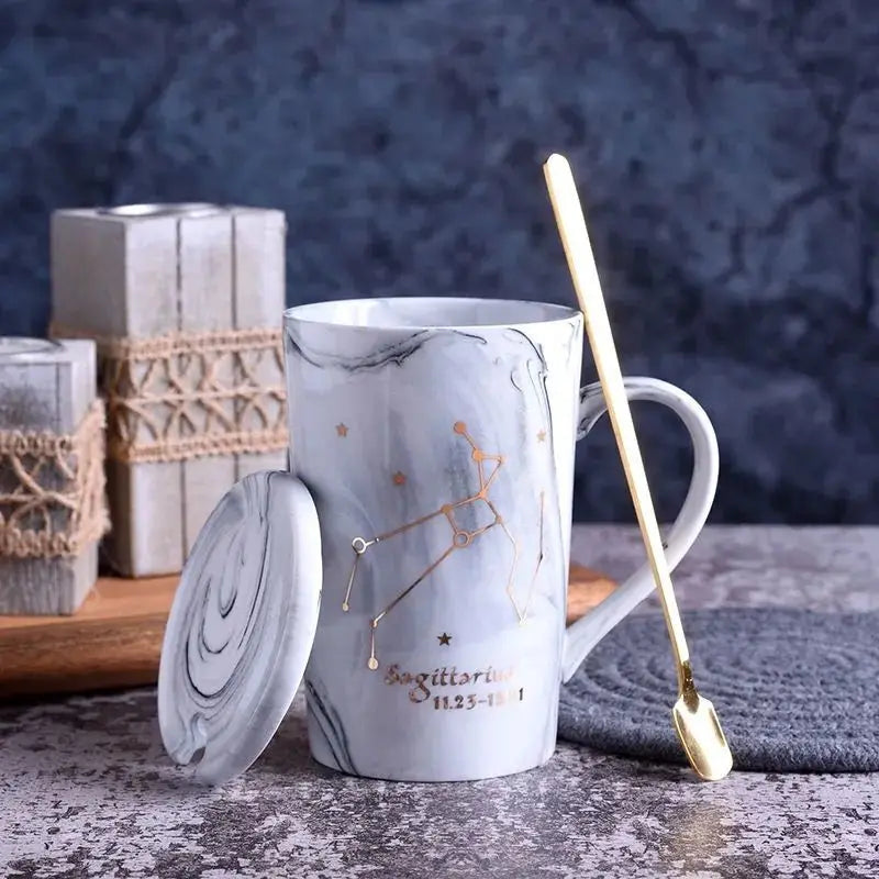 Axya 12 Constellations Ceramic Mug Set with Spoon Lid, 400ML White Porcelain Zodiac Cup