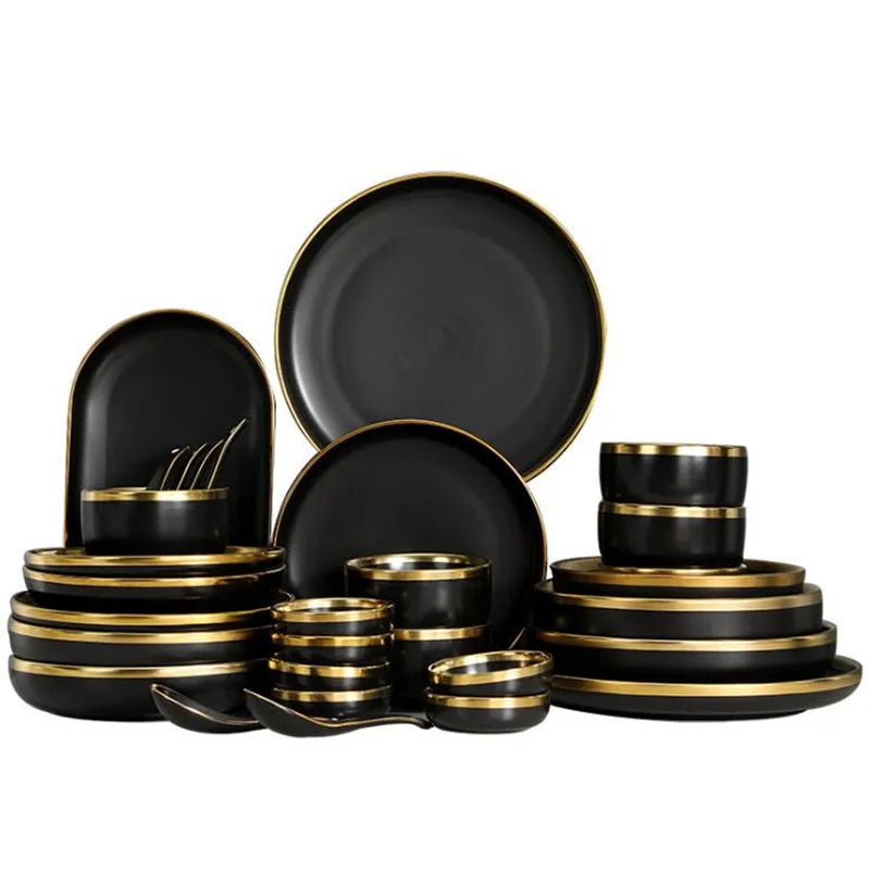 Axya Black Porcelain Dinner Plates Set - Kitchen Tableware Ceramics Bowl Tray Cutlery